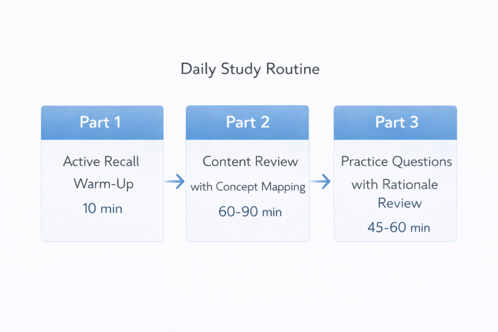 Three-part daily study routine combining the most effective NCLEX study techniques for nursing exam prep 2026