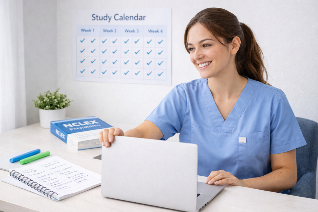 Nursing student smiling after completing a structured preparation using proven NCLEX study techniques in 2026
