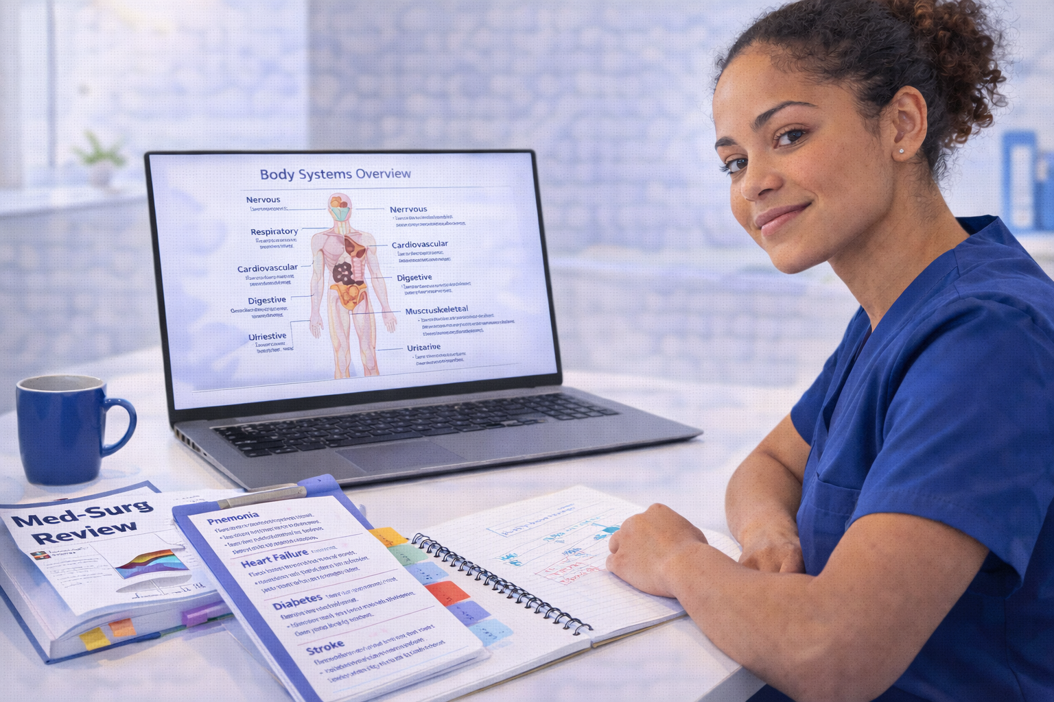 Nursing student reviewing NCLEX med-surg content with body systems notes and review book organized by condition in 2026