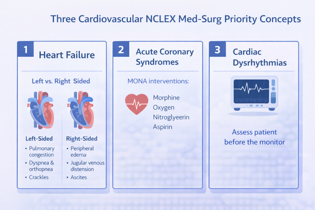 Three cardiovascular NCLEX med-surg priority concepts shown in blue cards covering heart failure ACS and dysrhythmias
