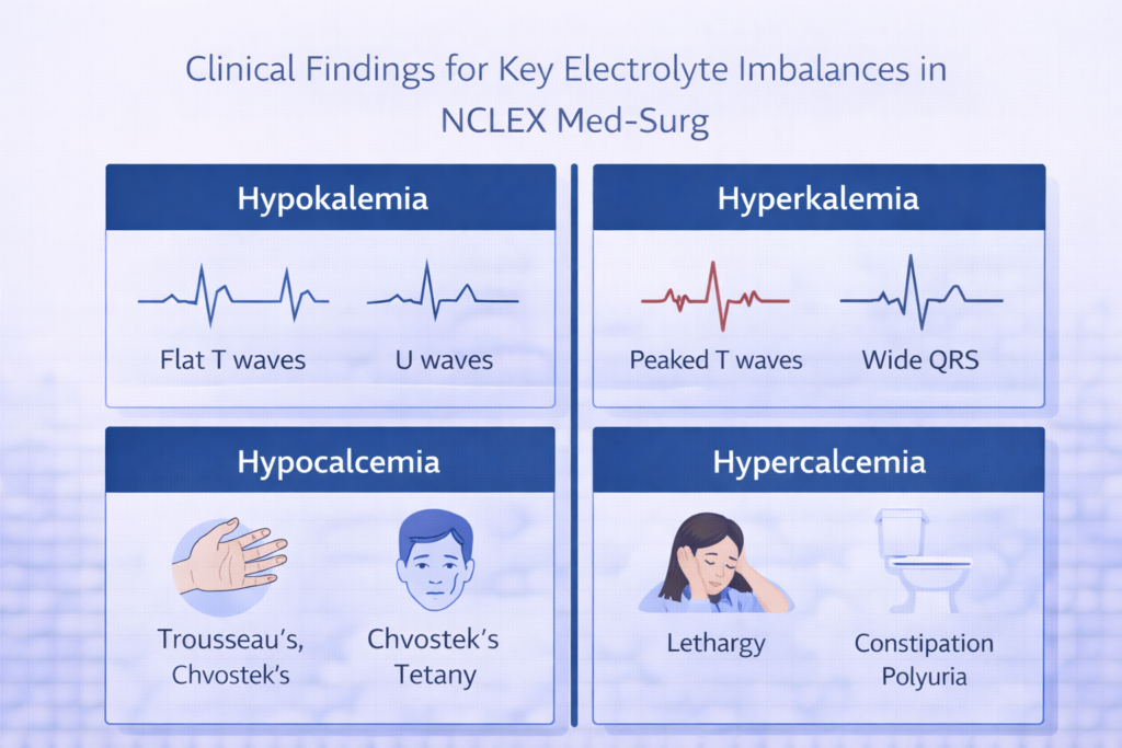 Four-quadrant electrolyte imbalance clinical findings graphic for NCLEX med-surg covering potassium and calcium disorders