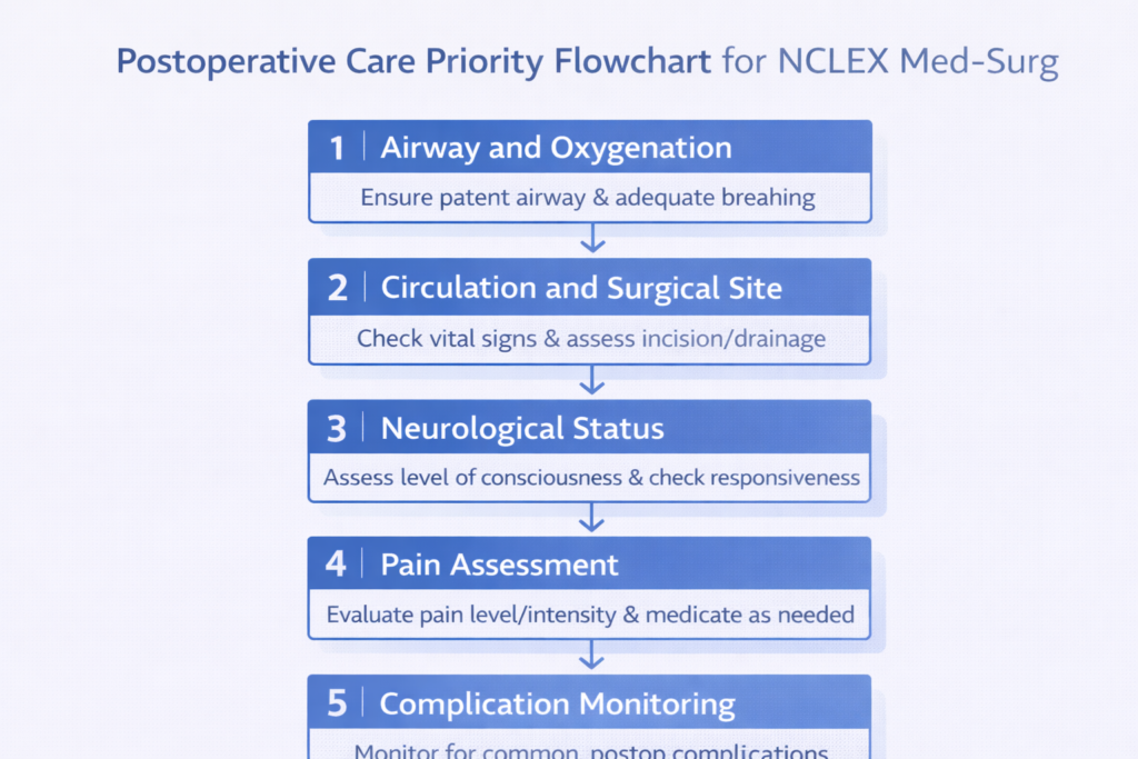 Postoperative care priority assessment flowchart for NCLEX med-surg showing five sequential nursing evaluation steps