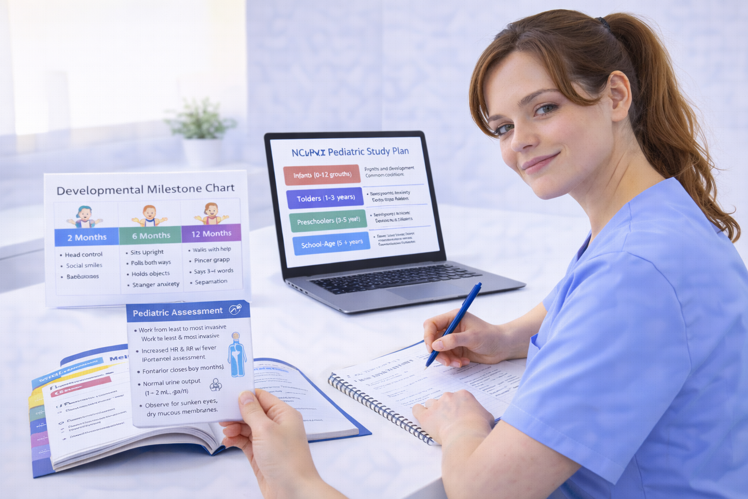 Nursing student reviewing NCLEX pediatric nursing content with developmental charts and pediatric assessment cards in 2026