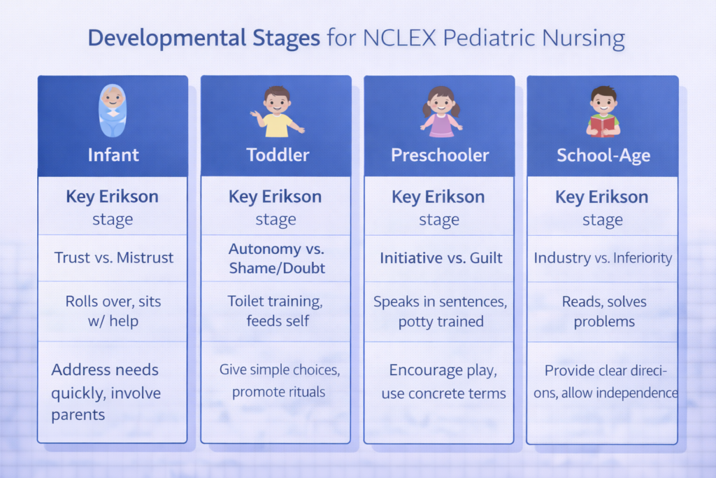 Four-column developmental stages reference graphic for NCLEX pediatric nursing covering infants through school-age children