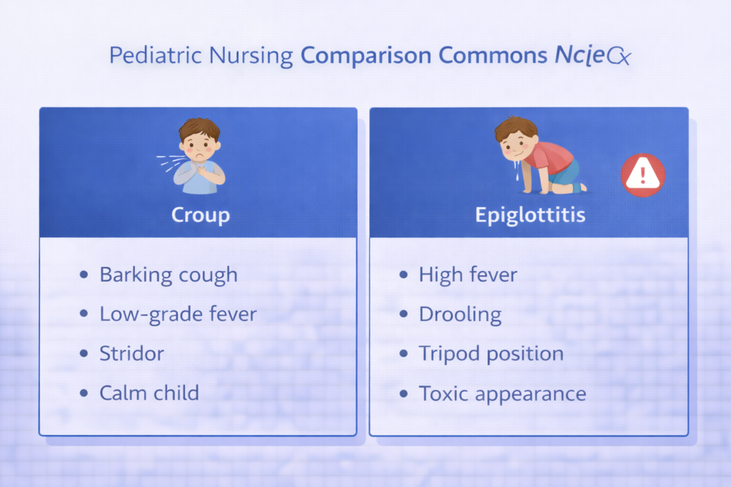 Side-by-side comparison of croup versus epiglottitis clinical findings for NCLEX pediatric nursing exam prep 2026