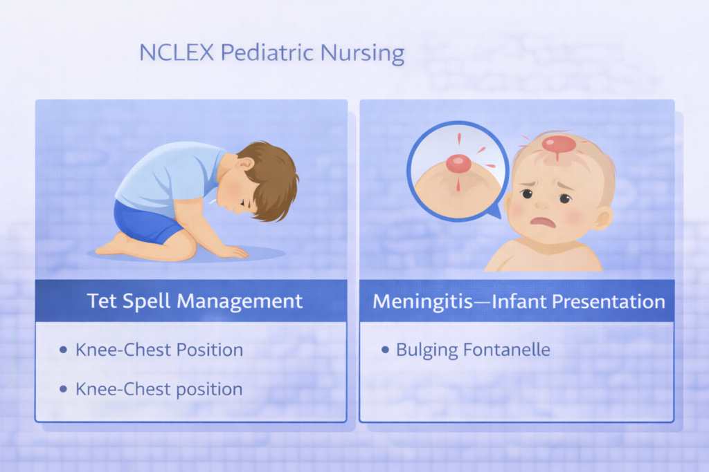 Split clinical illustration for NCLEX pediatric nursing showing tet spell knee-chest position and infant meningitis findings