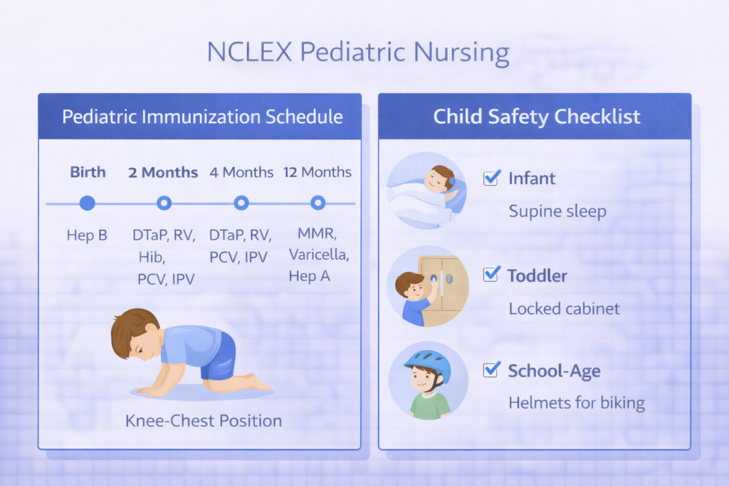 Two-panel graphic for NCLEX pediatric nursing showing immunization schedule timeline and age-grouped child safety checklist