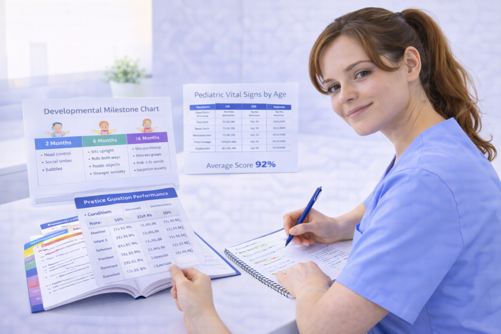Confident nursing student with organized NCLEX pediatric nursing study system including developmental charts and practice scores