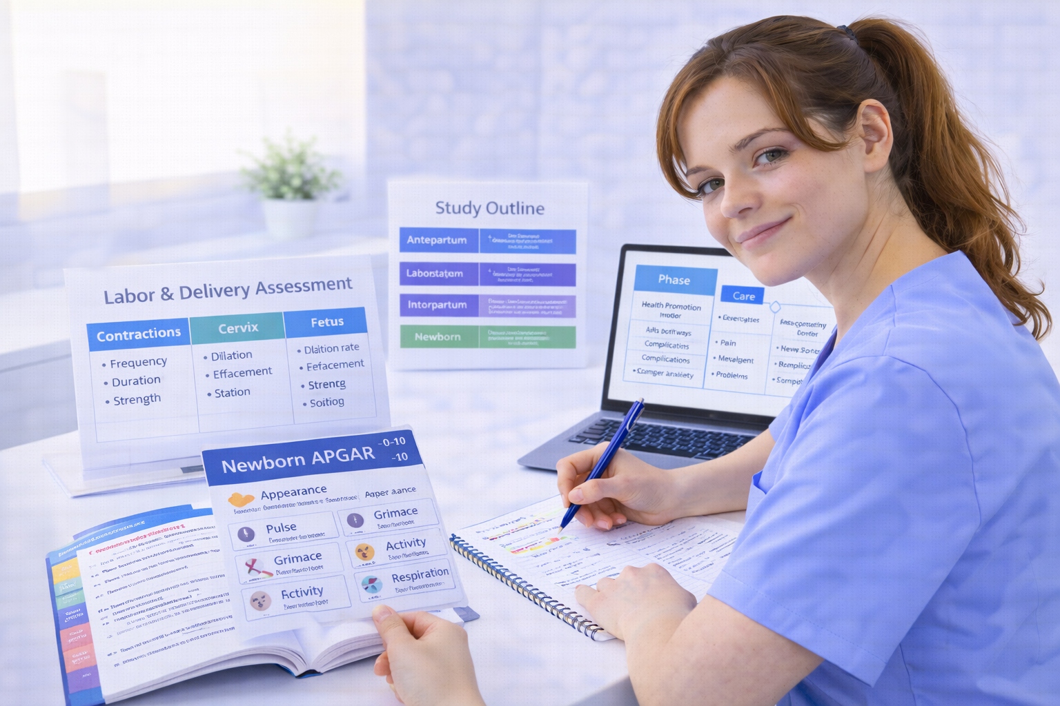 Nursing student studying NCLEX maternal newborn content organized by antepartum intrapartum postpartum and newborn phases