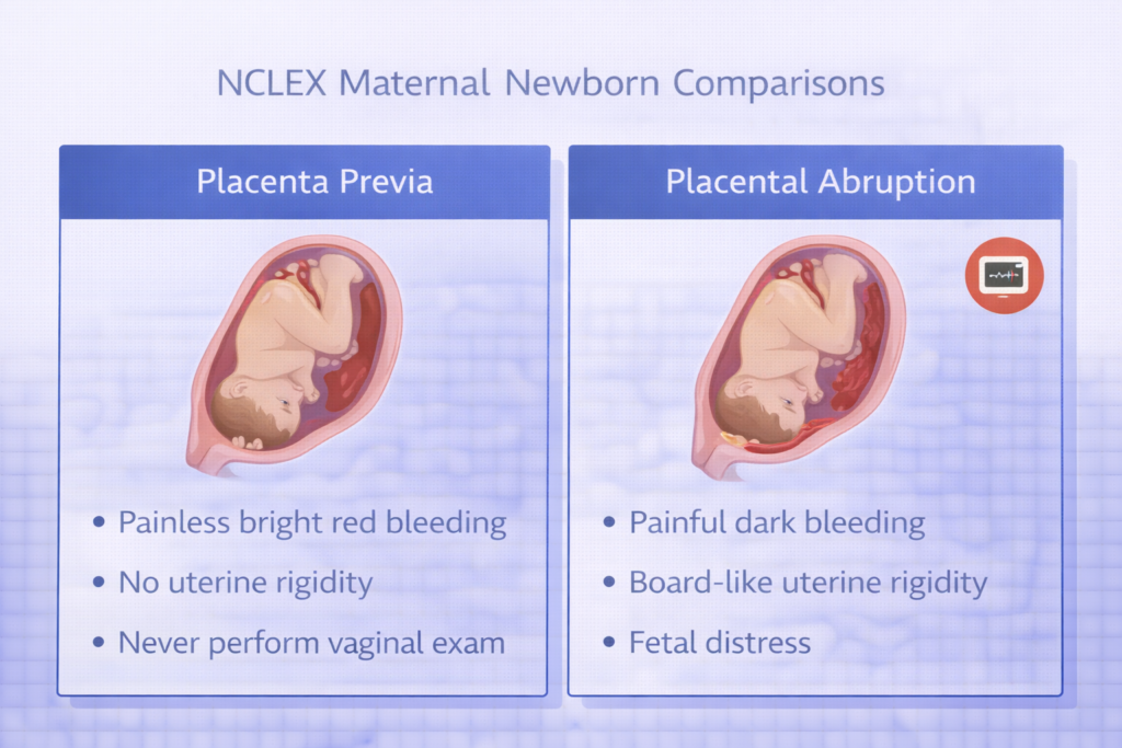 Side-by-side comparison of placenta previa versus placental abruption clinical findings for NCLEX maternal newborn 2026