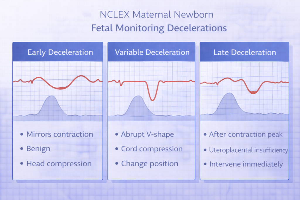 Three-panel fetal monitoring deceleration comparison graphic for NCLEX maternal newborn showing early variable and late types