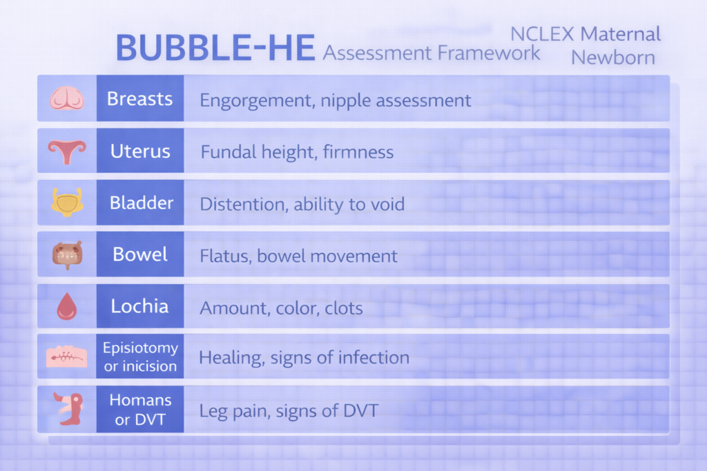 BUBBLE-HE systematic postpartum assessment framework graphic for NCLEX maternal newborn nursing exam preparation 2026