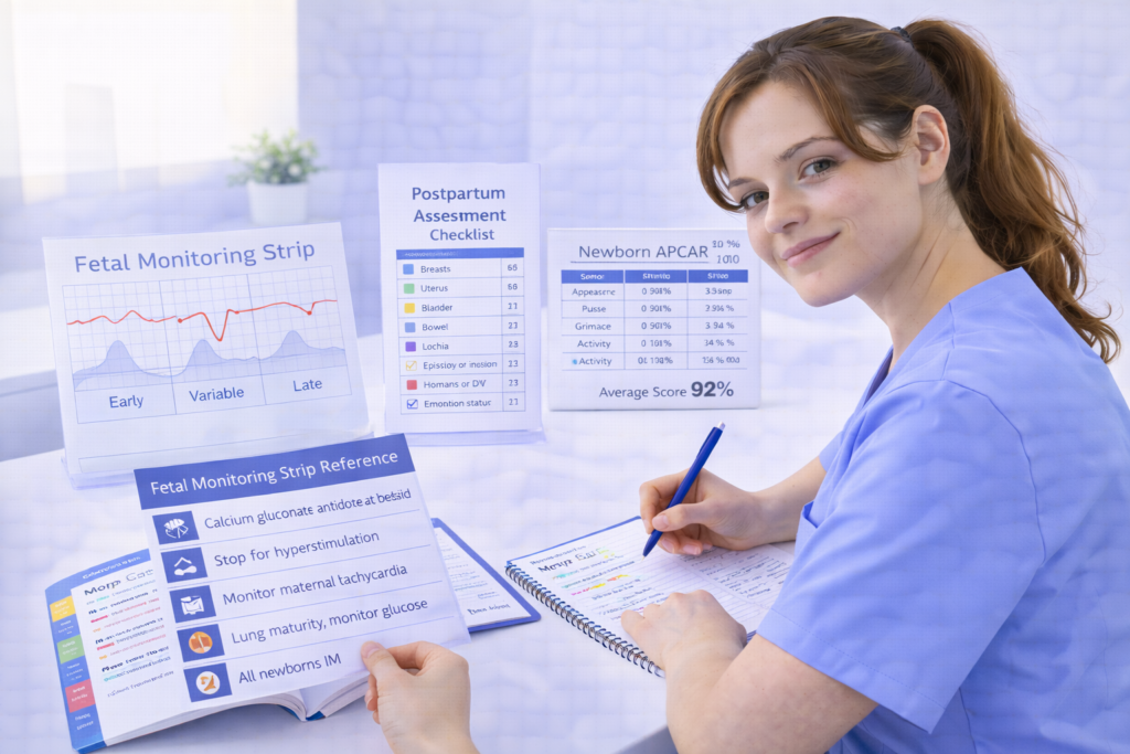 Confident nursing student with organized NCLEX maternal newborn study materials including fetal monitoring and APGAR cards