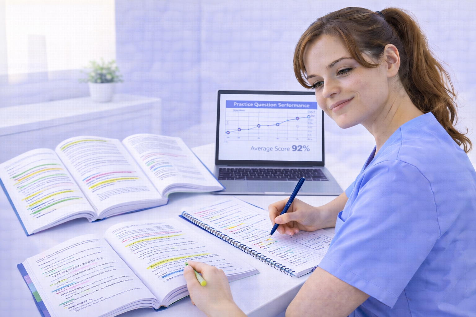 Nursing student actively studying with multiple NCLEX review books open alongside a laptop and organized study notes 2026
