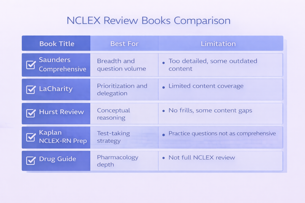 Five-row comparison table of NCLEX review books by best use case and limitation for nursing student exam prep 2026