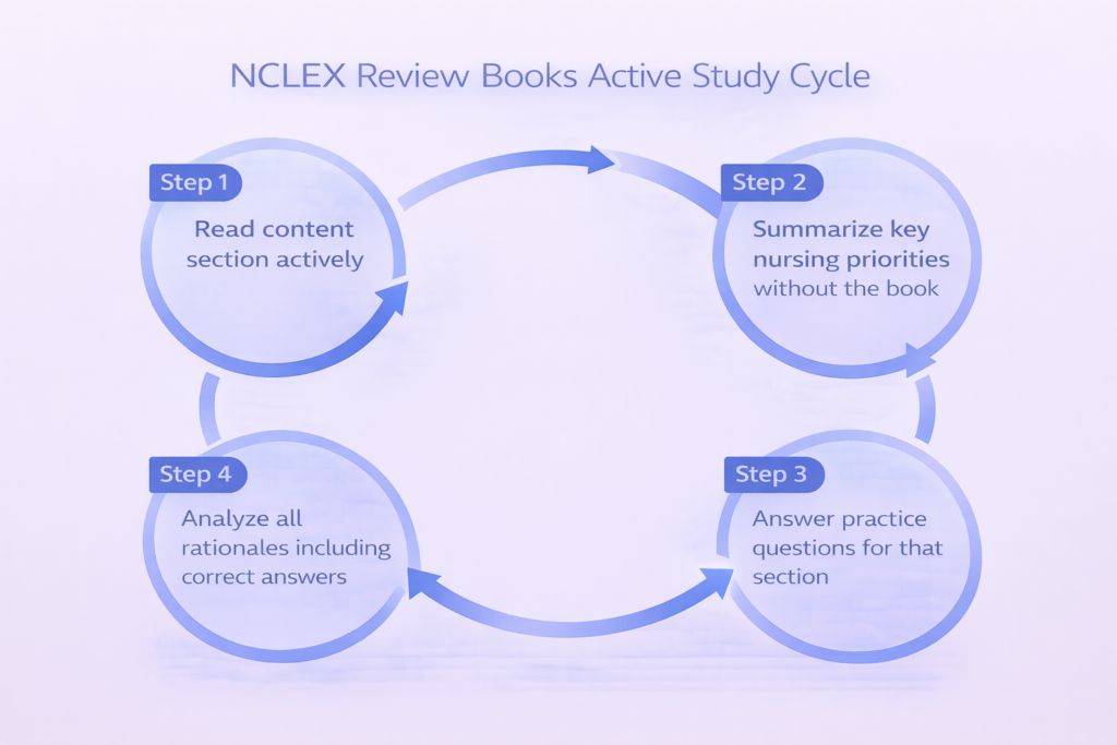 Four-step active study cycle graphic for using NCLEX review books effectively from content reading to rationale analysis