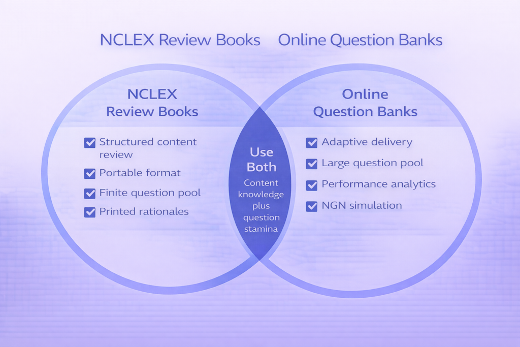 Two-column comparison of NCLEX review books versus online question banks showing strengths and how to use both together