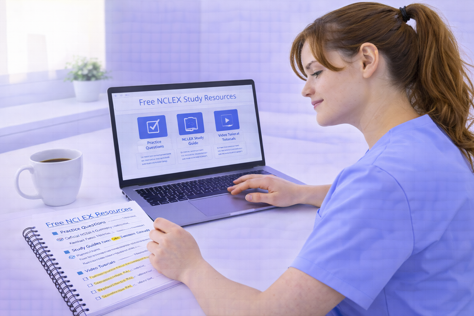 Nursing student accessing free NCLEX study resources on a laptop with organized notes and a resourceful study setup 2026