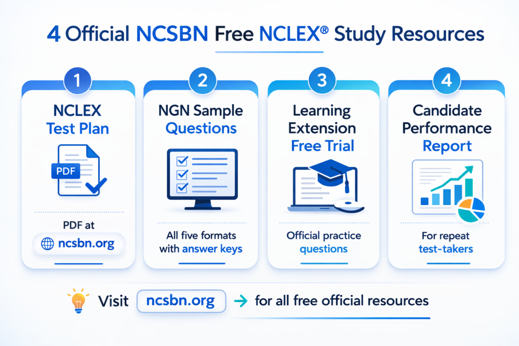Four official NCSBN free NCLEX study resources shown in blue cards covering test plan NGN samples and performance report