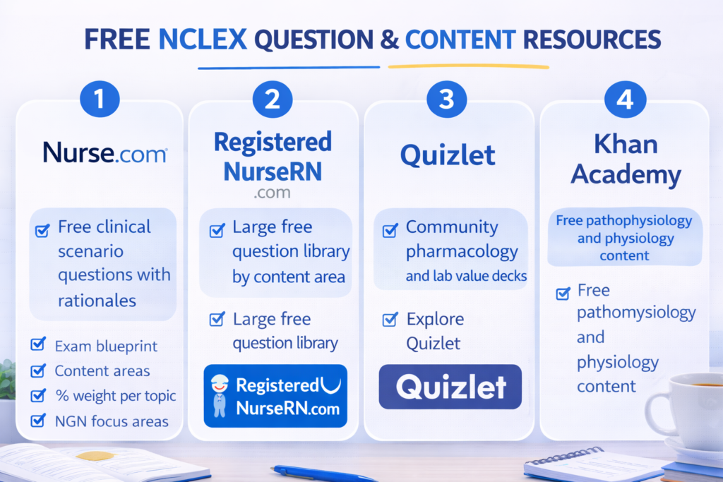 Four free NCLEX study resources for practice questions and content review shown in blue cards for nursing exam prep 2026