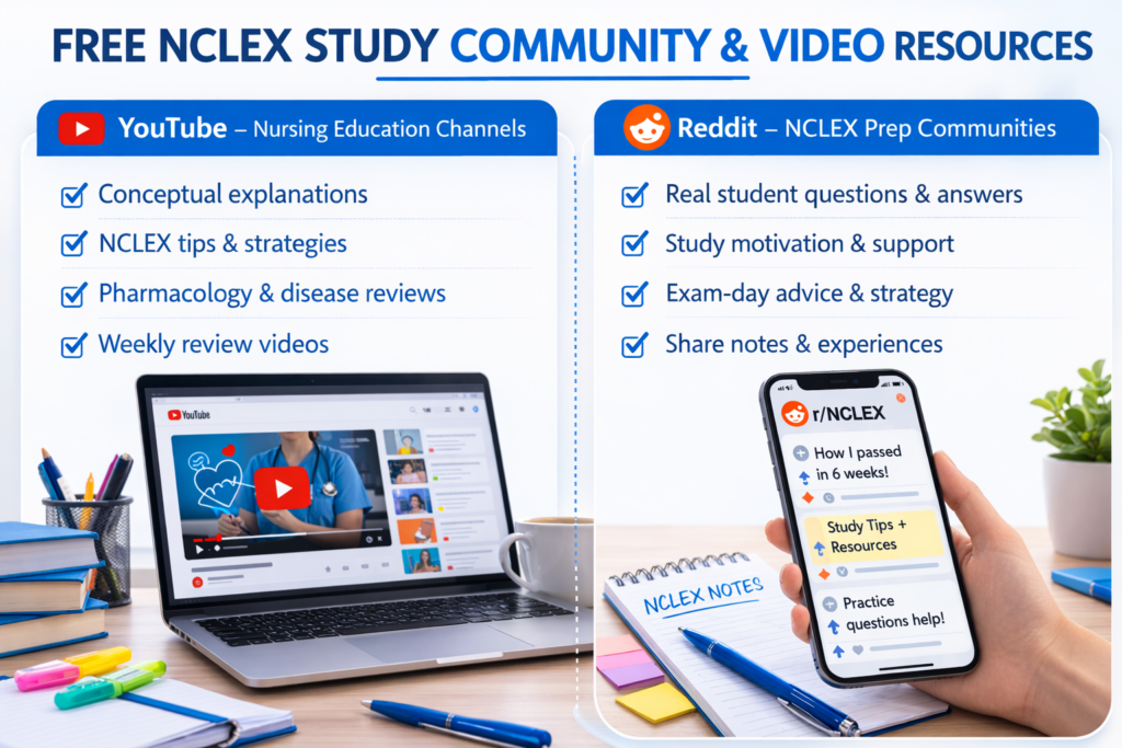 Split graphic showing free NCLEX study resources including YouTube nursing channels and Reddit community discussion forums