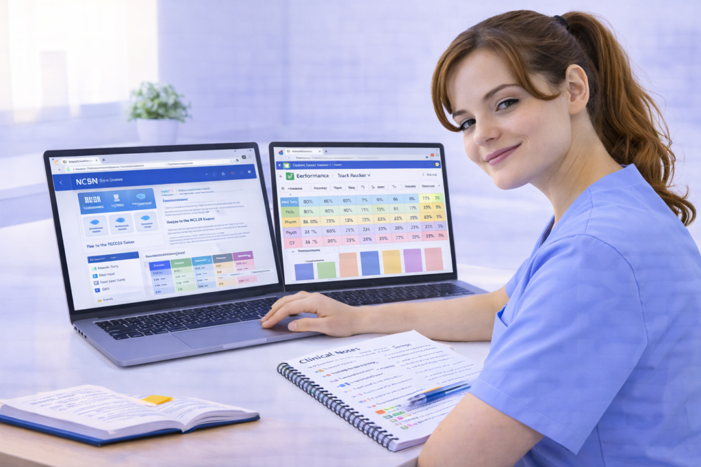 Confident nursing student using a complete free NCLEX study resources system with NCSBN site tracker and calendar open