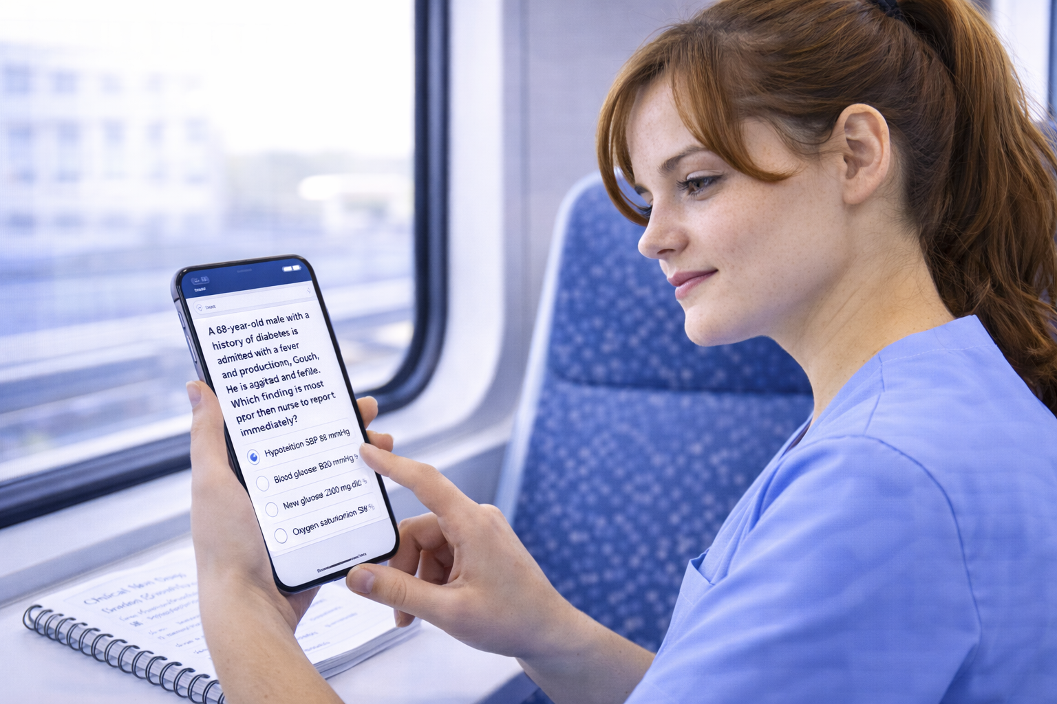 Nursing student using NCLEX practice apps on a smartphone during a commute to complete clinical scenario questions in 2026