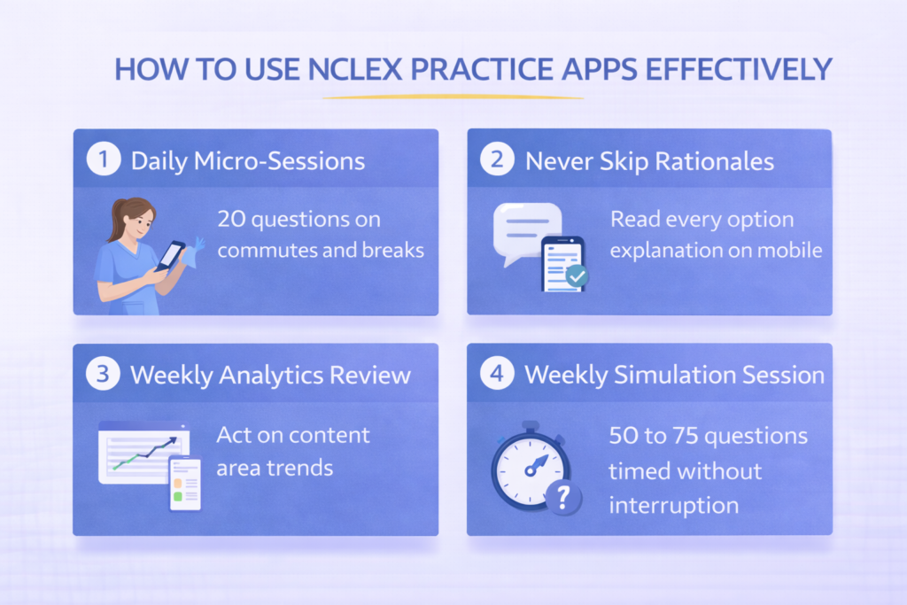 Four-strategy grid for using NCLEX practice apps effectively covering micro-sessions rationales analytics and simulation