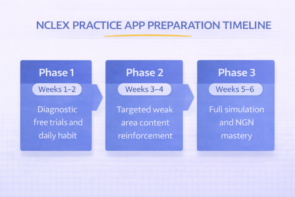 Three-phase six-week preparation timeline graphic for using NCLEX practice apps from diagnostic through NGN simulation