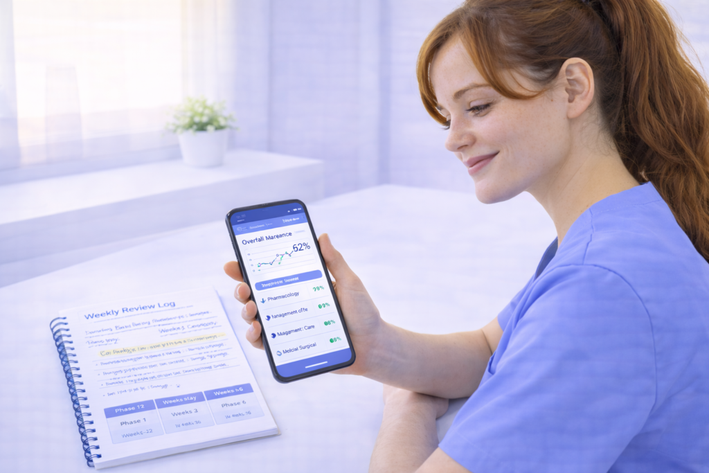 Confident nursing student reviewing strong NCLEX practice apps performance analytics with a weekly study log and timeline