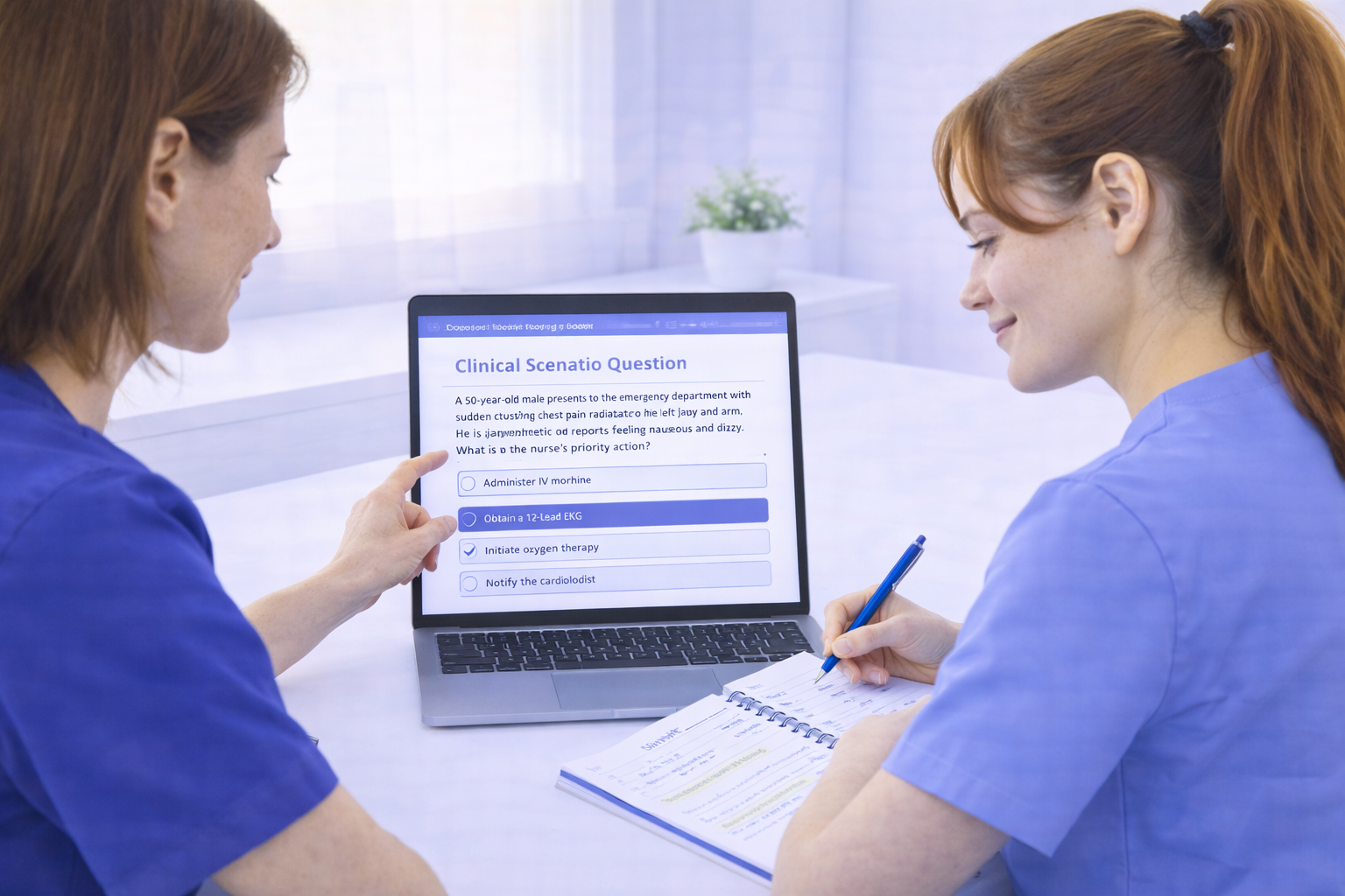 Nursing student in a focused one-on-one NCLEX tutoring session with a nursing educator reviewing a clinical scenario question